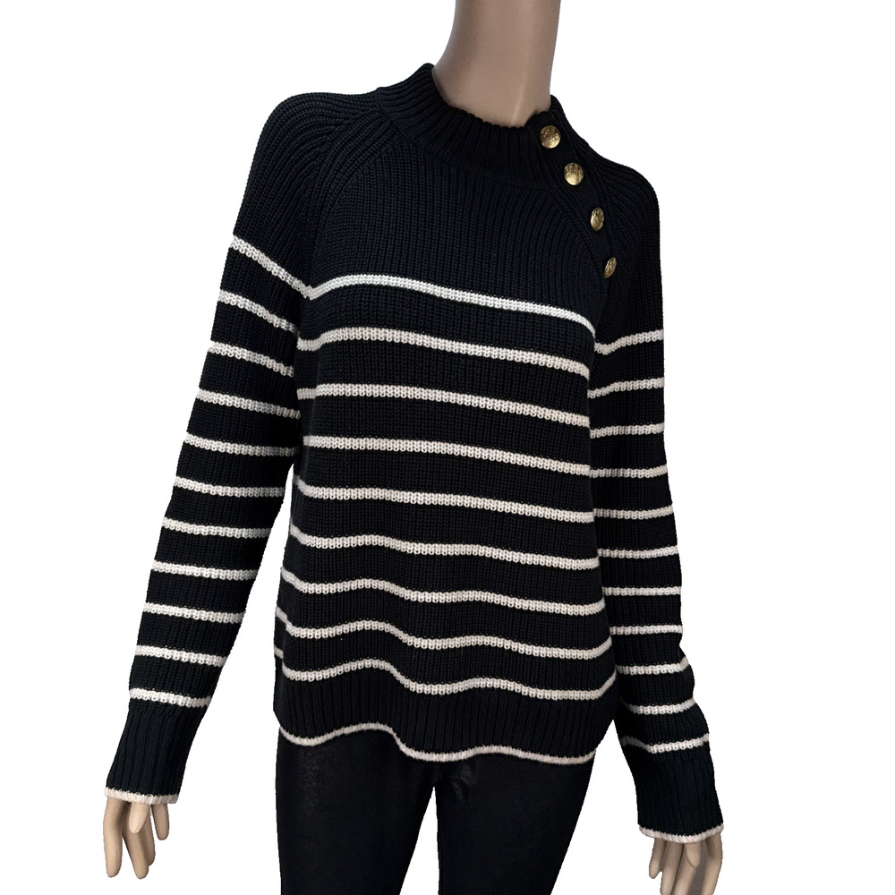 J.CREW Button Shoulder Striped‎ Mockneck Sweater Size M Black Preppy Nautical